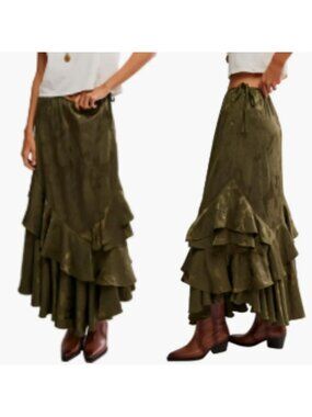 Free People Ruffle Maxi Skirt Sz 4 Dark Green Satin Tiered Boho Festival Western